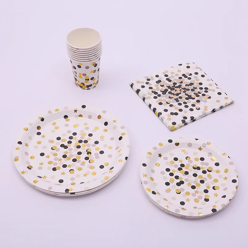 Одноразовая посуда золотые черные в горошек искусственная женская шляпа