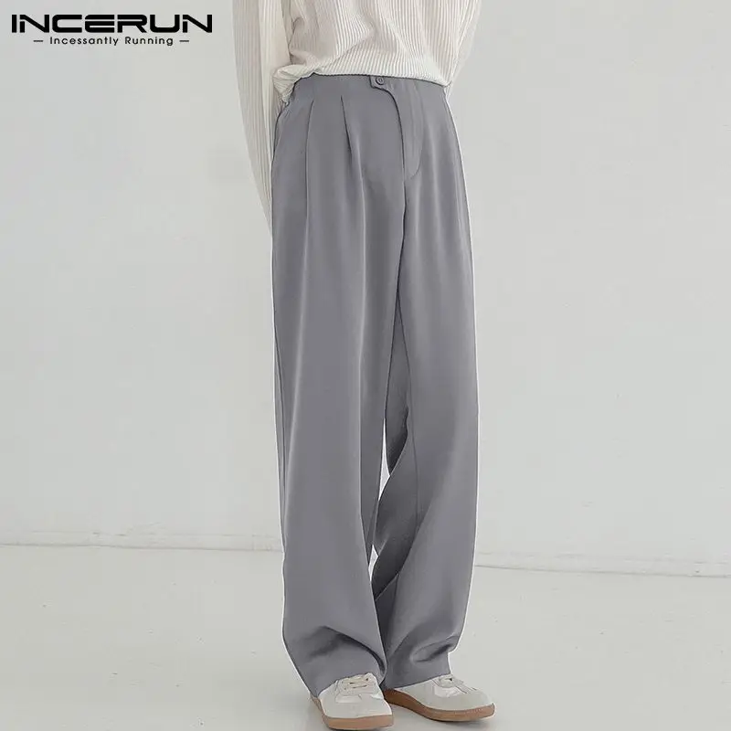 

INCERUN Solid All-match Men Chino Dress High Waist Long Pant Loose Fashion Casual Baggy Wide Leg Comeforable Trousers S-5XL 2021