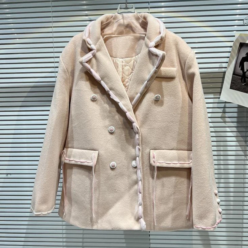 

SeeBeautiful Pockets Tassel Tweed Cotton Long Sleeve Blazer Coat Double Breasted Women Winter 2021 New Fashion Tide Q059