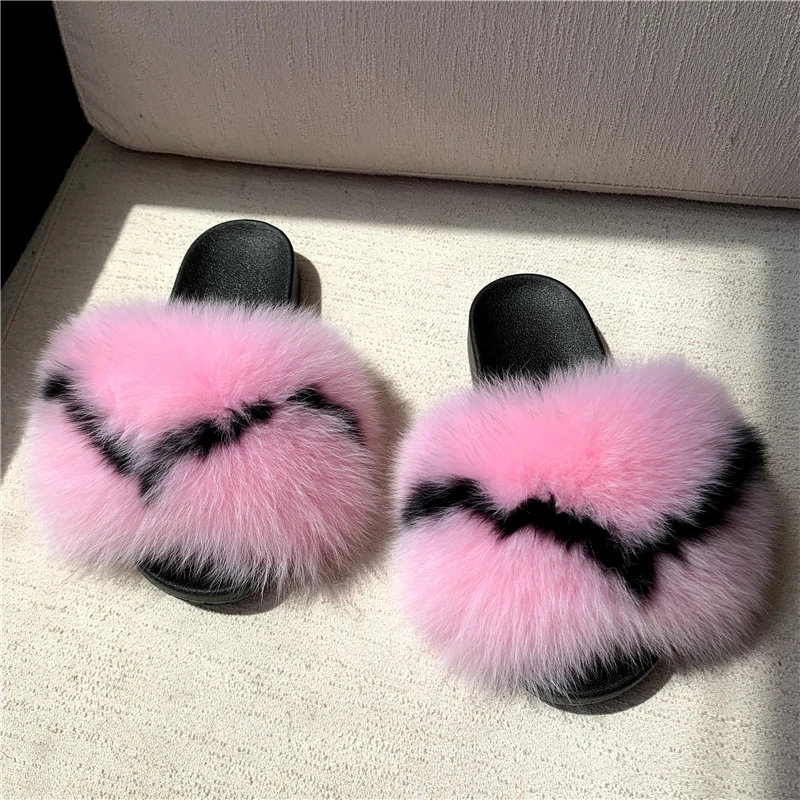 

summer slippers for Women Fox Fur Slippers Glued Pvc Sole Big Size Womens Home Shoes