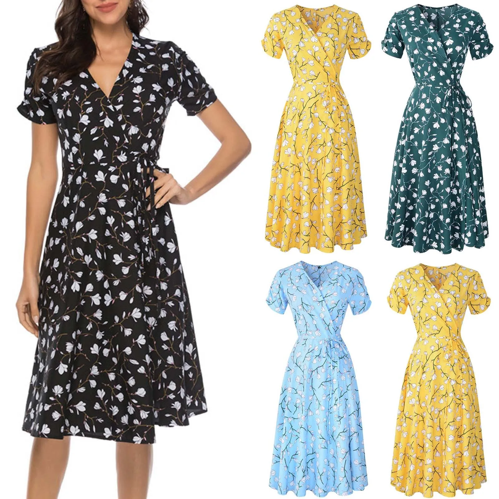 

A-line Dress Women Casual Floral Printed Dress V Neck Short Sleeve Dresses Midi Dress Vestidos