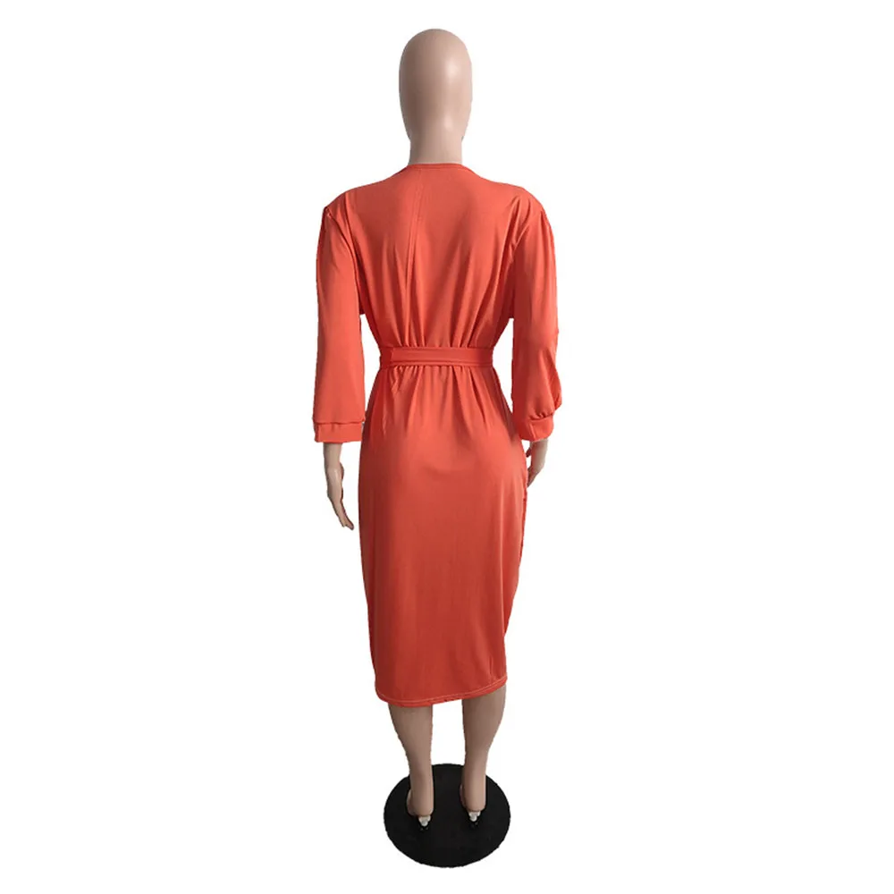 

Summer 2021 Western Style Oversize African Fashion Women's Dress Solid Color High Waist V-neck Bandage Puff Sleeve