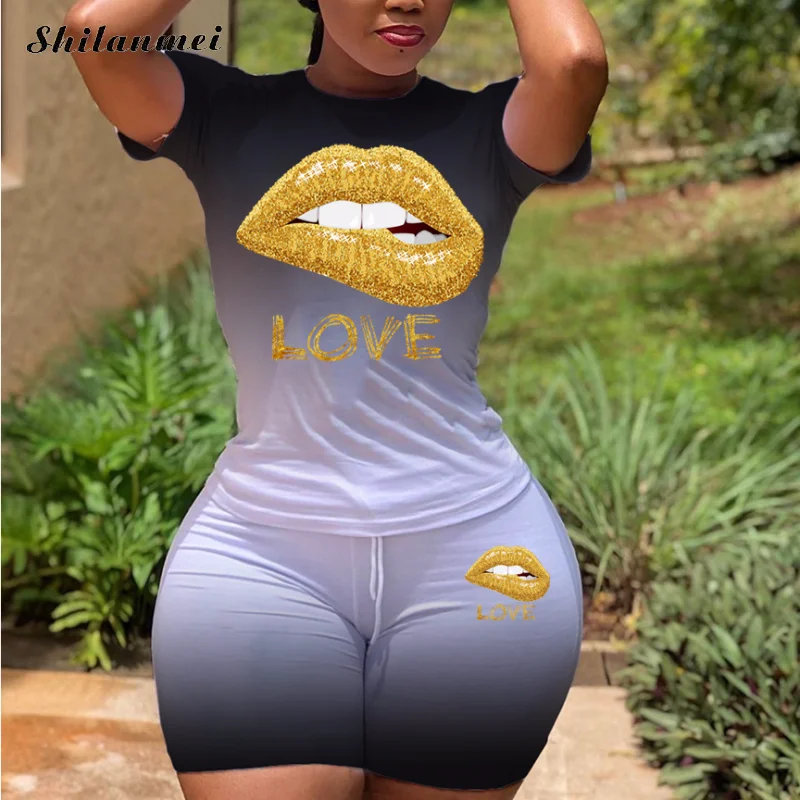 

Letter Print 2 Piece Set Women Tracksuit Plus Size Lips Print Crop Top And Shorts Suit Summer 2020 Casual Outfits For Women 3XL