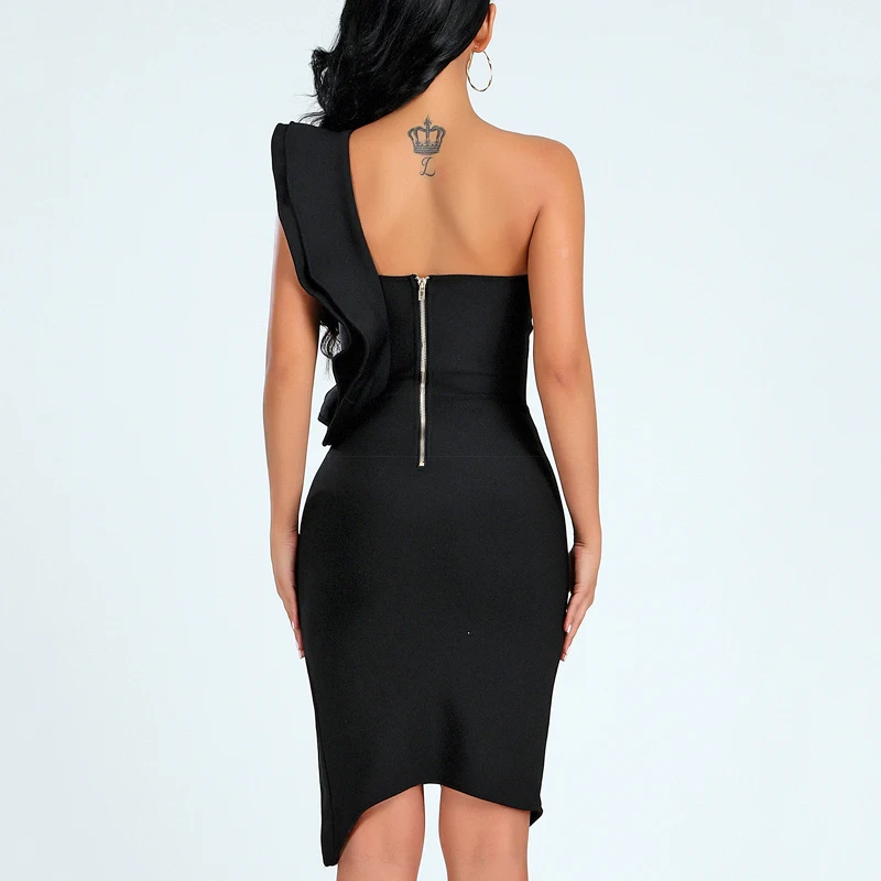 INDRESSME 2019 женское сексуальное модное Бандажное платье черные оборки на одно плечо