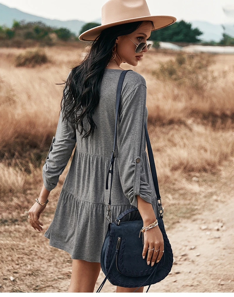 

Spring New Solid Color Knitted Dress Women 2021 Casual O Neck Full Sleeve Button Dress for Woman Summer Short Dress