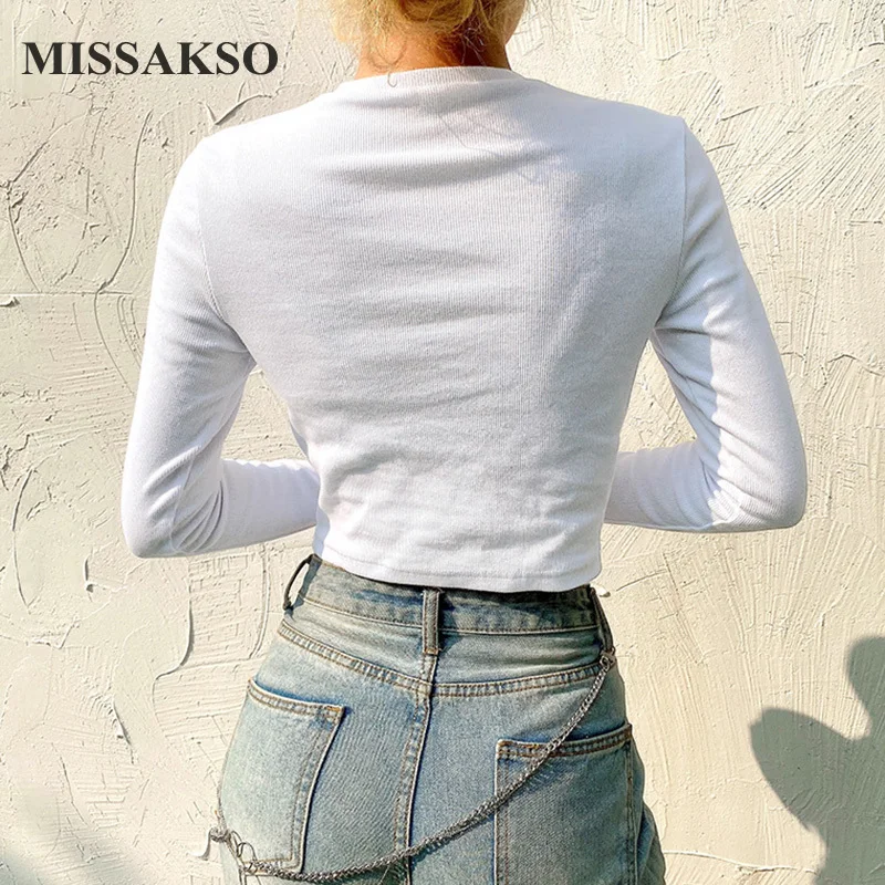 

Missakso Sexy Women Autumn Skinny T Shirt Streetwear Long Sleeve Fashion Female O Neck Solid Basic Knitted Crop Top