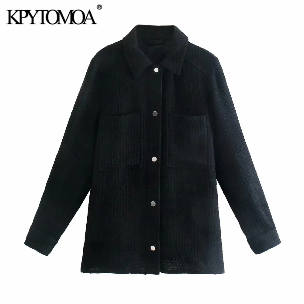 

KPYTOMOA Women Fashion With Pockets Tweed Loose Jacket Coat Vintage Long Sleeve Snap-button Female Outerwear Chic Overshirt