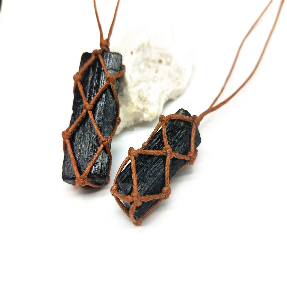 

Vintage Natural Black Tourmaline Rough Pendant Crystal Black Tourmaline Hand Woven Tourmaline Rough Ore Radiation Protection