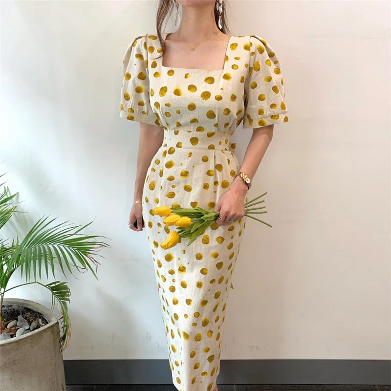 

2021 fashion square collar polka dot dress women