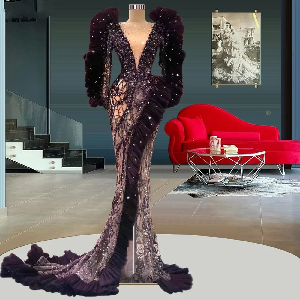 

Женское вечернее платье с длинным рукавом, блестящее платье с юбкой-годе и аппликацией, длинное платье для выпускного вечера