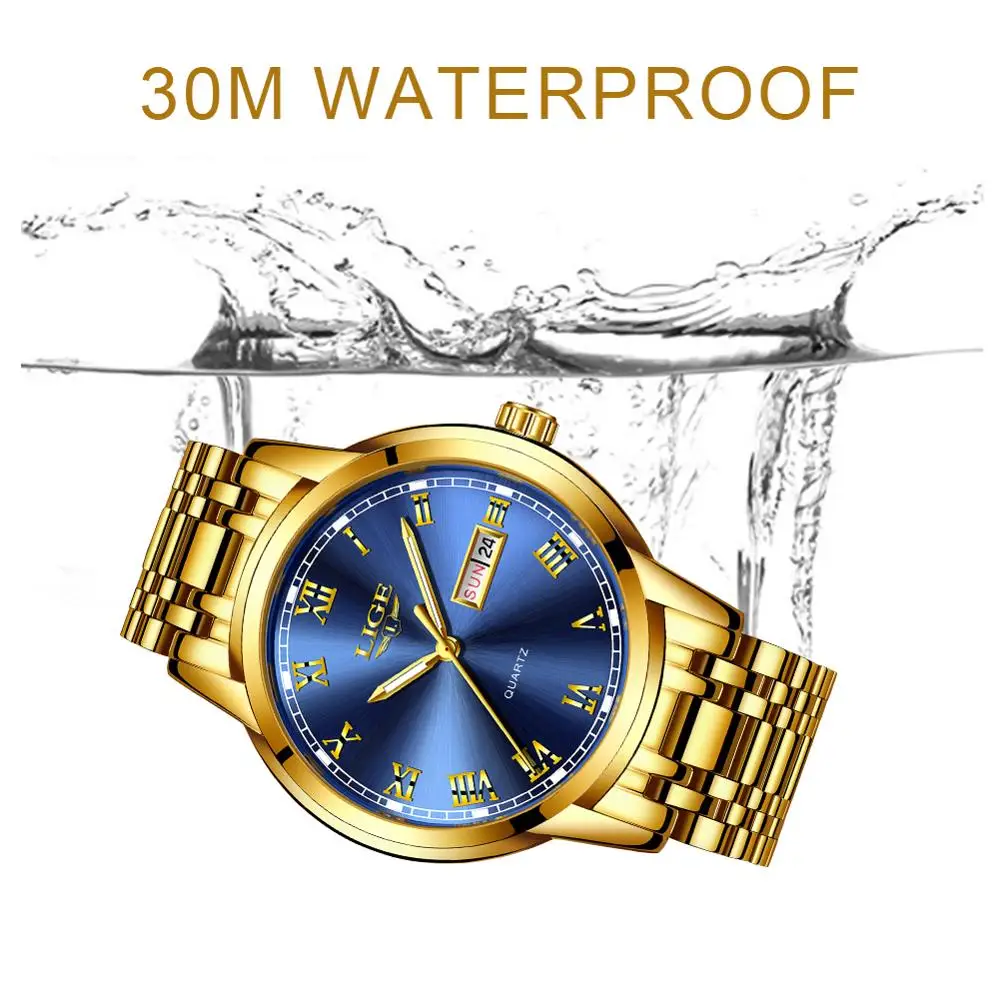 Часы наручные LIGE Мужские кварцевые брендовые Роскошные модные полностью