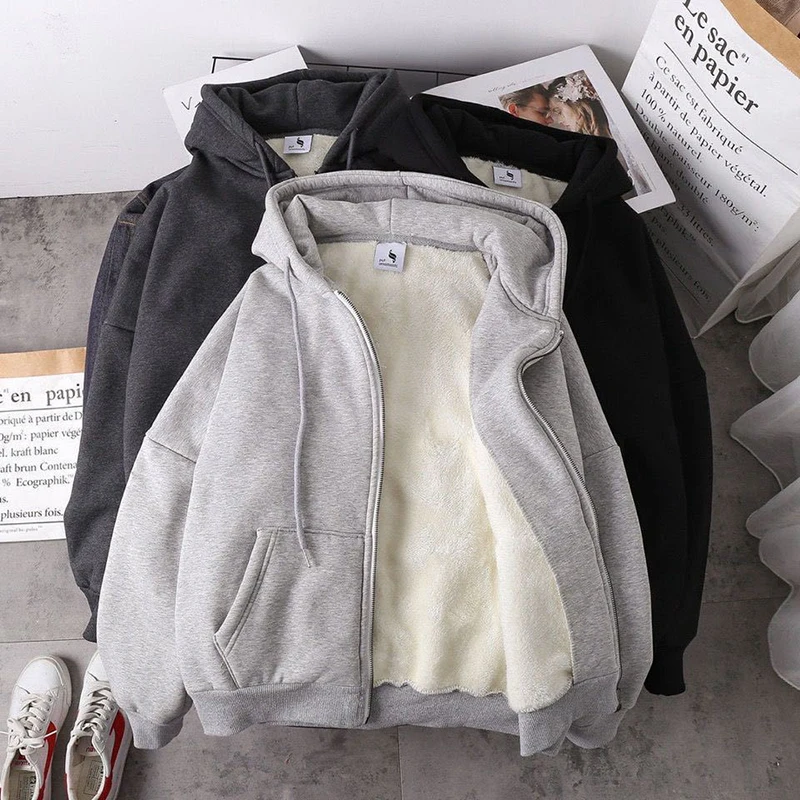 Solid Harajuku Imitation lambswool Soft Warm winter Casual Street Loose Oversized hoodie Zipper Y2K Women sweetshirts grunge Top