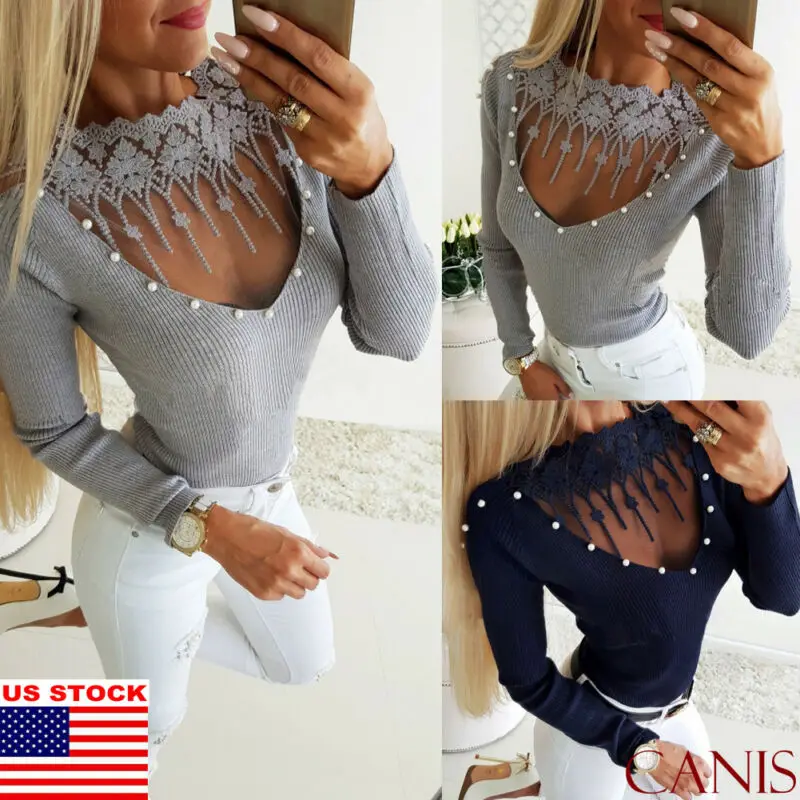 Сексуальная Женская модная Кружевная футболка с длинным рукавом в стиле пэчворк