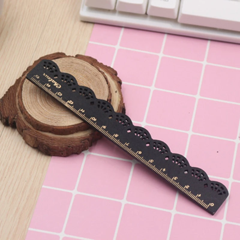 2pcs Black 2 шт./компл. свежий и Kawaii милые, Ретро стиль, кружевное, резные деревянные линейки 15 см прямая Линейка студенческие инструменты для рисования школьные канцелярские принадлежности - Цвет: 2pcs Black