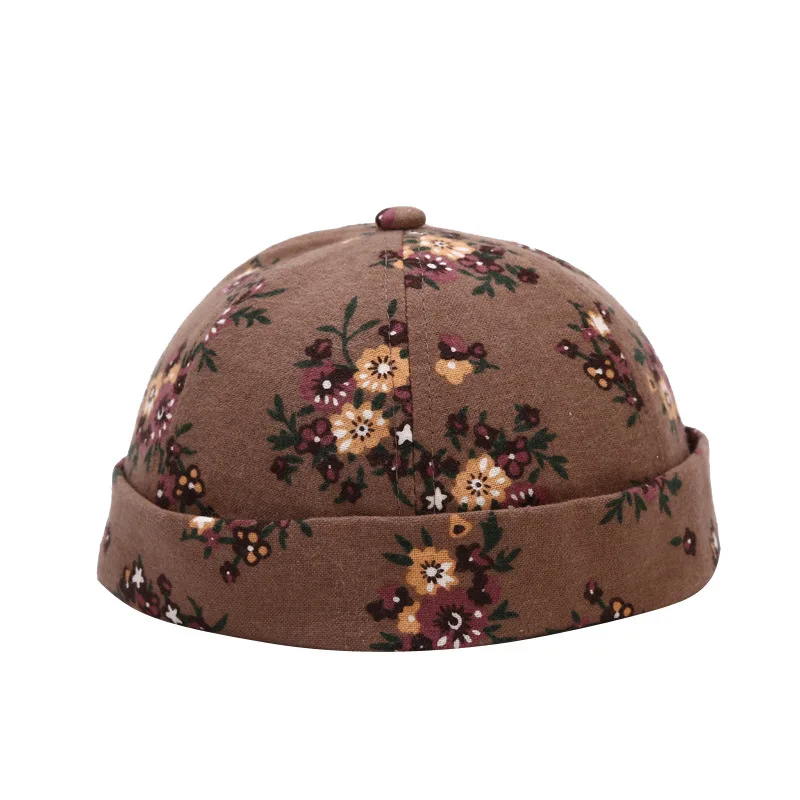 

High Quality Retro Crimping Beanie Hats Men Women Flower Pattern Landlord Hat Unisex Streetwear Hip Hop Brimless Hat Pumpkin Cap