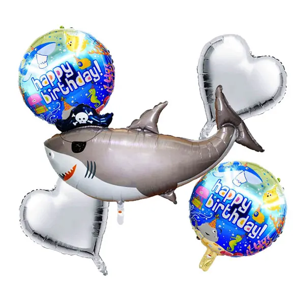 

5 PCS Pirate Shark Balloons Kit 2 Pcs 18 Inch Birthday Shark Mylar Balloon & 2 Pcs 18 Inch Heart for Shark Theme Birthday