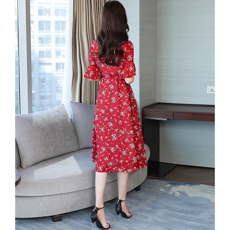 Шифоновое платье средней длины с цветочным принтом Летние Повседневные Вечерние