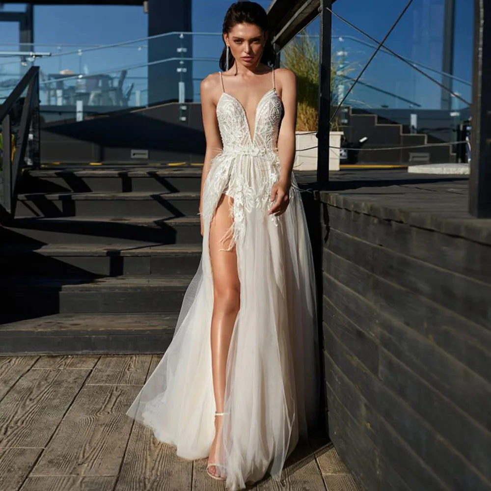 

Classical V-Neck Wedding Gown Women Sleeveless Side Split Applique Spaghetti Straps Backless Tulle Beading A-Line Robe De Mariée