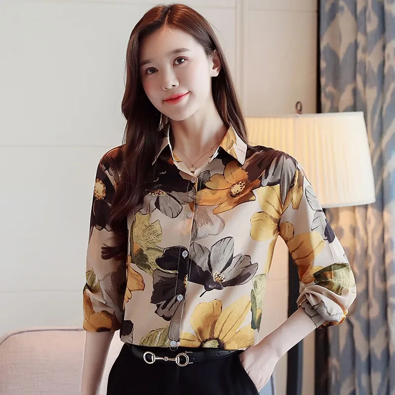 Women Casual Loose Long Sleeve Blouse Spring Vintage Floral Print Shirt Ladies Lapel Tops