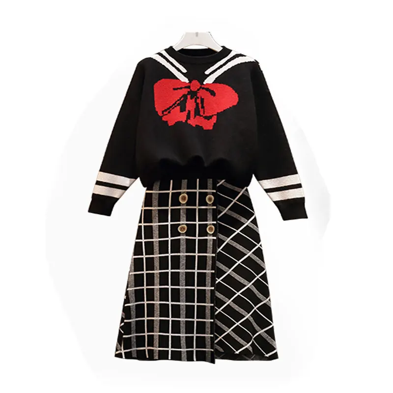 

Большой Размеры Женская Новинка зимы пуловер свитер с бантом и сеткой длинная юбка комплект из двух предметов, жареные для улицы и досуга ко...