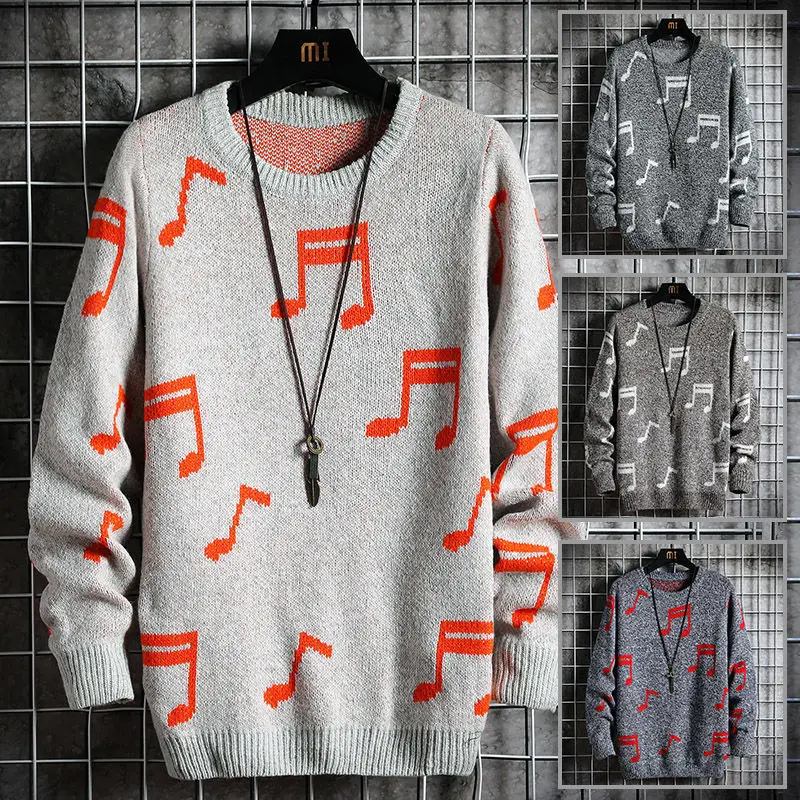 

Winter note printing knitted pullover men's sweater clothing fashion Korean clothes men's coat wool M-2XL real picture