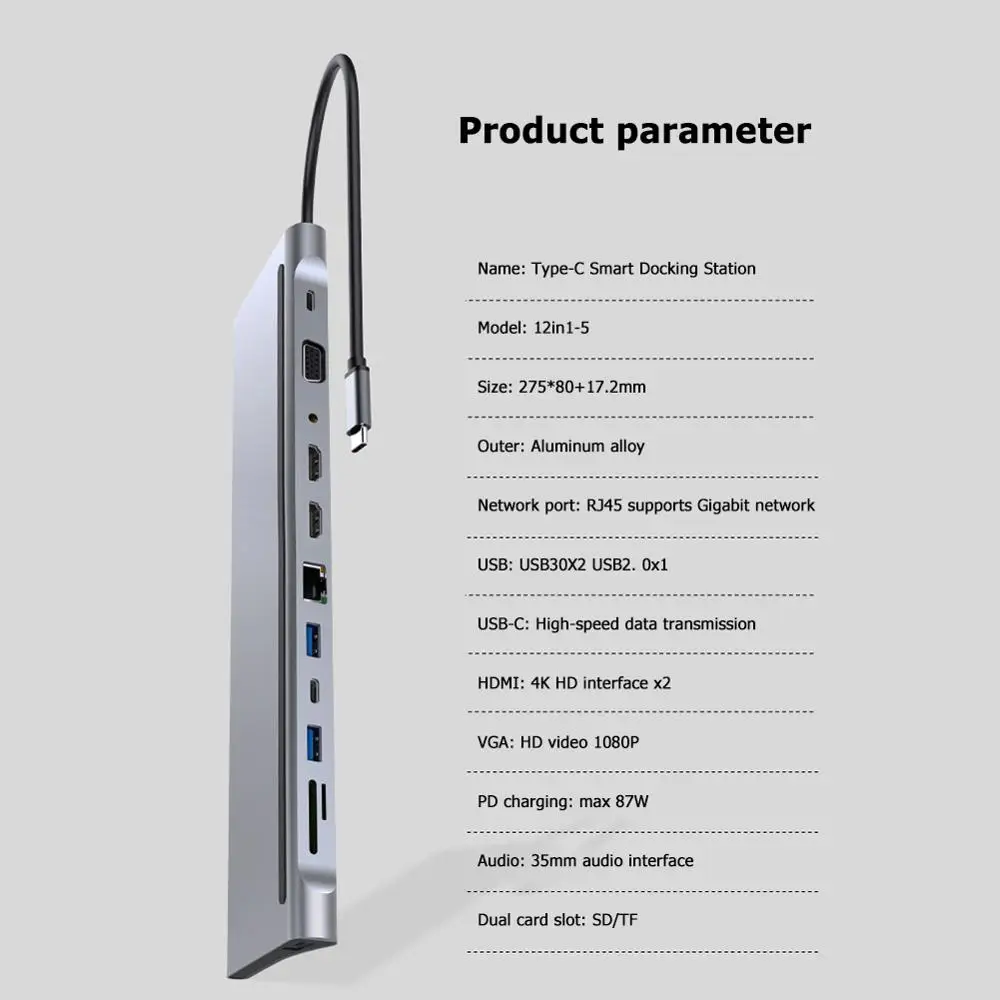 

12 in 1 USB Type-C HUB Converter 2 USB3.0 USB2.0 2 HDTV VGA RJ45 USB-C PD 3.5mm Card Reader Adapter for Laptop Notebook PC
