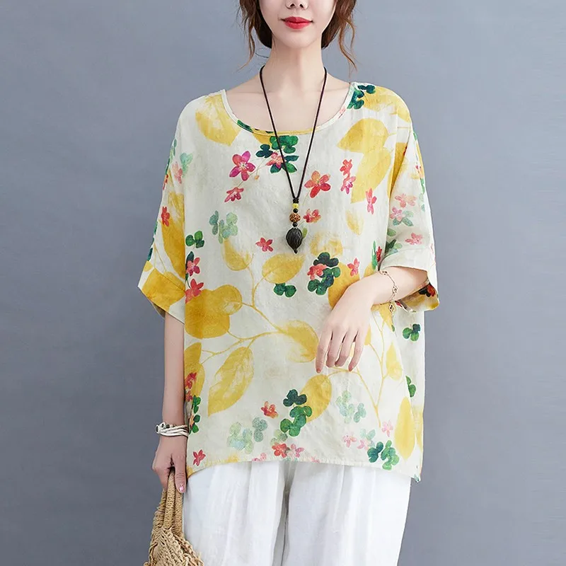 

100% Cotton Women Summer Casual T-shirts New Arrival 2021 Vintage Style Floral Print Loose Comfortable Female Tops Tees B393