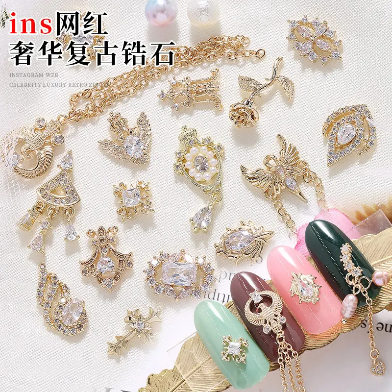 

5pcs Pendant Chain 3D Alloy Nail Art Micro-inlay Zircon Pearl metal manicure nail accessories DIY Nail Decoration Nail charms