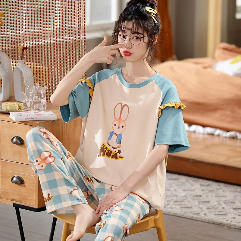 Пижамный комплект 5XL Женский топ с коротким рукавом длинные брюки в клетку