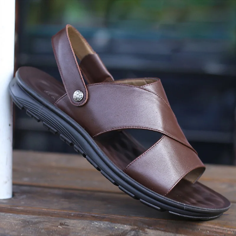 

Nice Summer Men Sandals Genuine Leather Shoes Men Beach Sandals Flat Holiday Cow Leather Male Black Sandal Footwear