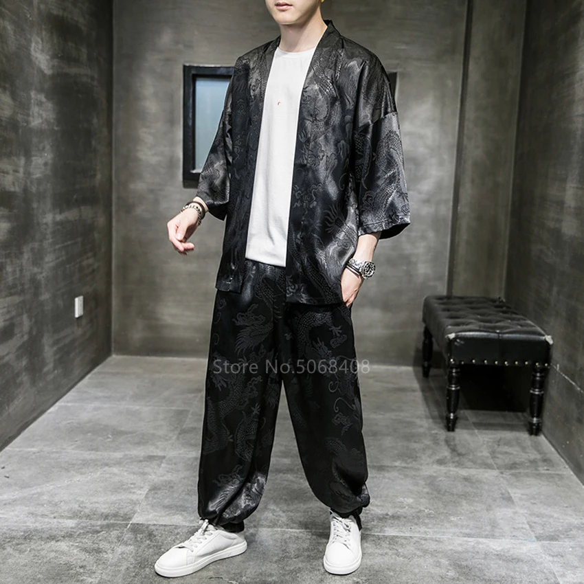 Japanese Style Vintage Kimono Haori Pants Set Men Sliver Traditional Bottom Harajuku Streetwear Samurai Cardigan Costume Yukata |