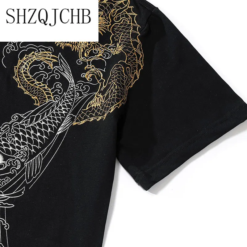 

Chinese Tide style printing embroidery Jinlong cotton summer loose breathable refreshing half-sleeved short-sleeved T-shirt men