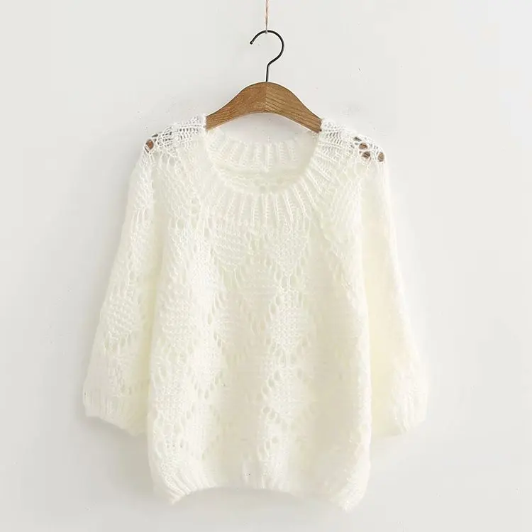 

2021Loose Hollow Japanese College Wind Sweater Women Short Long-sleeved Thin Large Size Solid Round Neck Pullover Jumpers Female