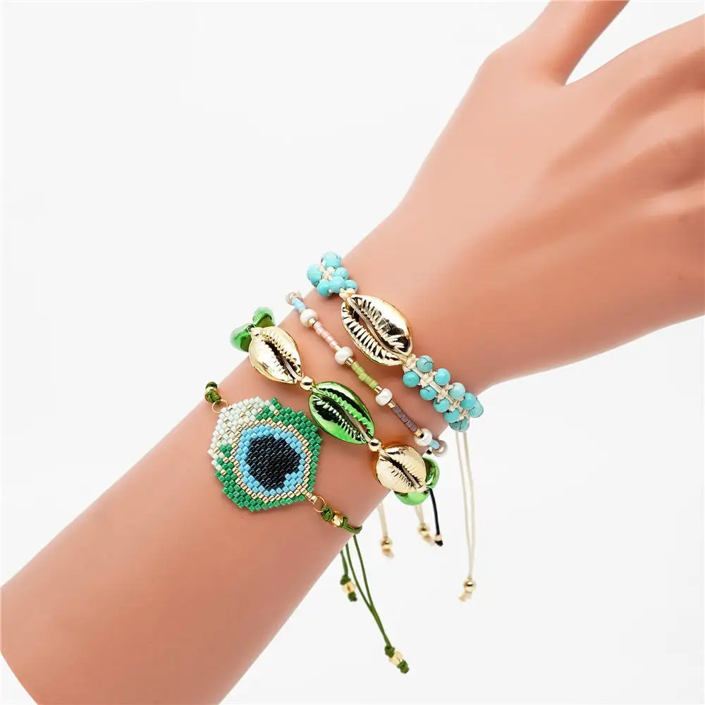 Go2boho браслеты из ракушек MIYUKI браслет Evil Eye Павлин перо ювелирные изделия Pulseras Mujer женский натуральный камень ручной работы Тканые