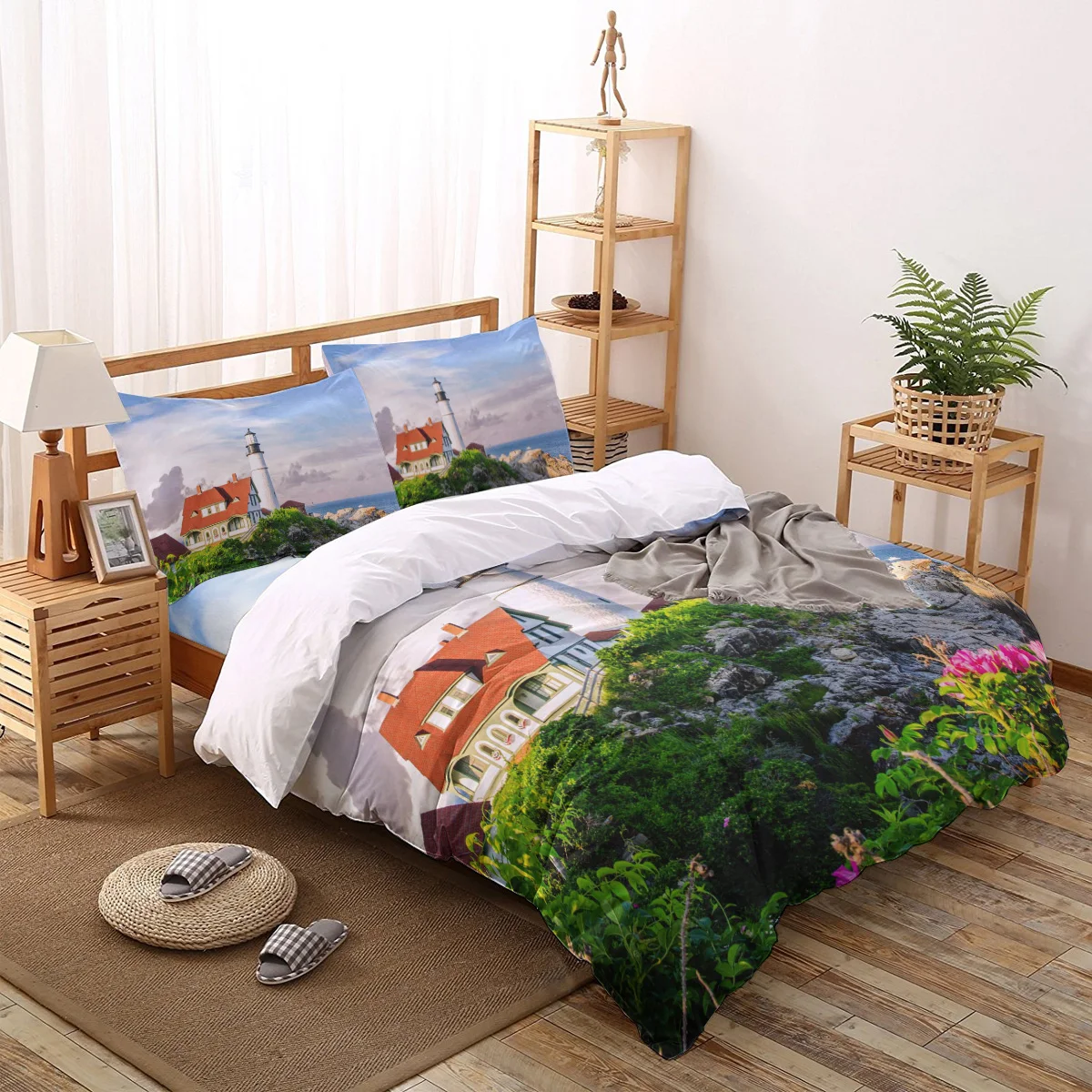 

Flower Lighthouse Seaside Cottage Print Comforter Bedding Set Duvet Cover Set Queen King Bed Home Housse De Couette Gift