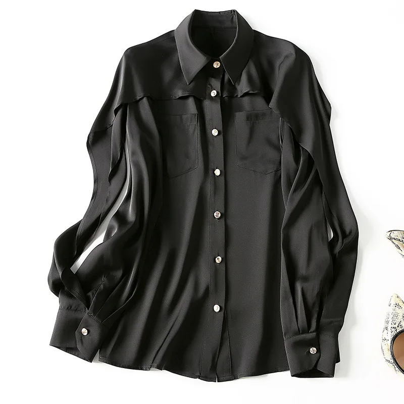 100% шелковая блузка черная рубашка Женский Топ с длинным рукавом Женские топы и