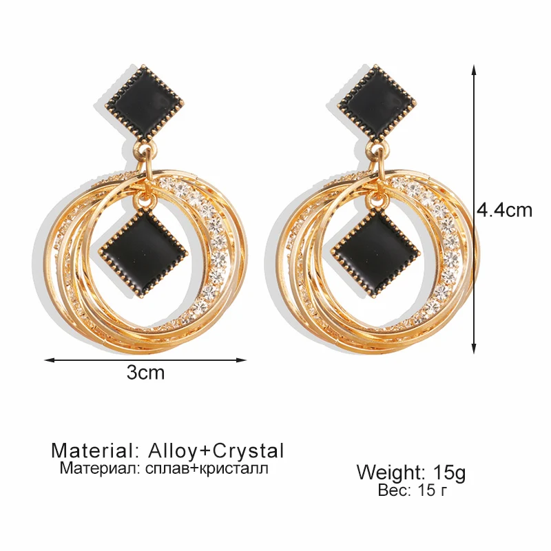 Модные Золотые круглые серьги с кристаллами для женщин Простые Черные