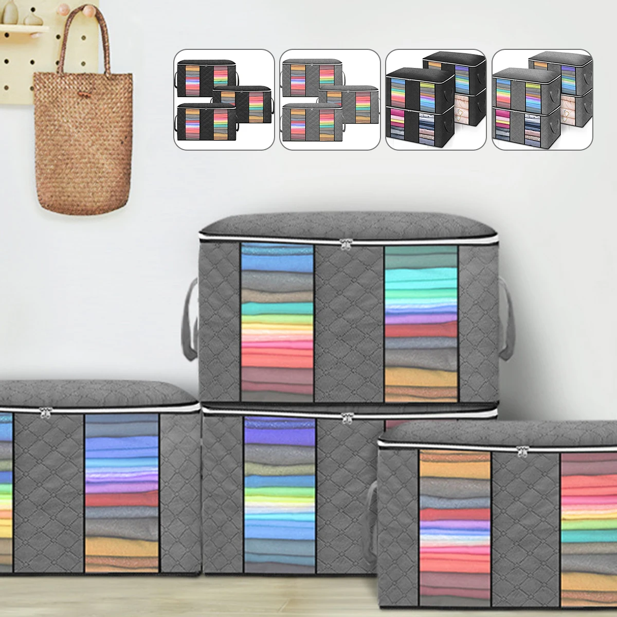 

3pcs/4pcs 90L Clothes Storage Bag Non-woven Storage Organizer Foldable Anti-Mold Moisture-proof Closet Storage Box 60x43x35cm