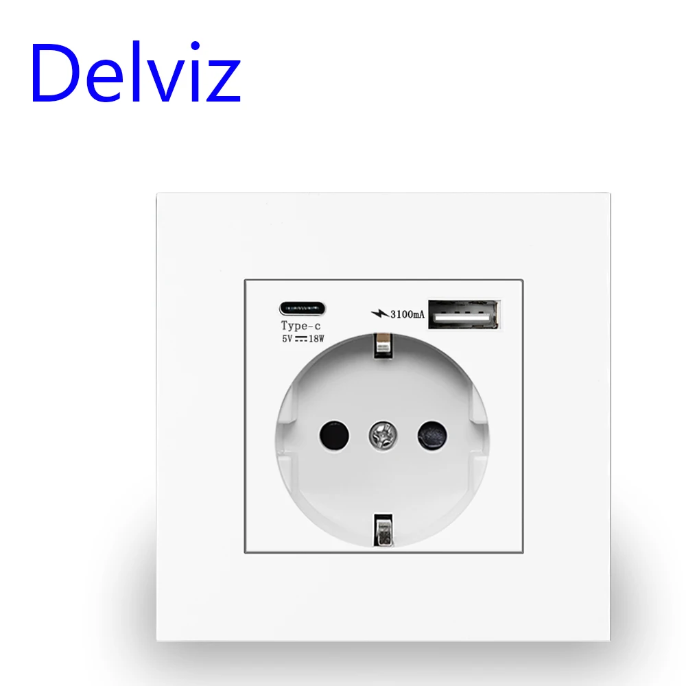 Delviz Wall type C Power Outlet, 18W Intelligent compatible, 5V 3A With usb Ports Quick charge, EU Standard USB charging Socket