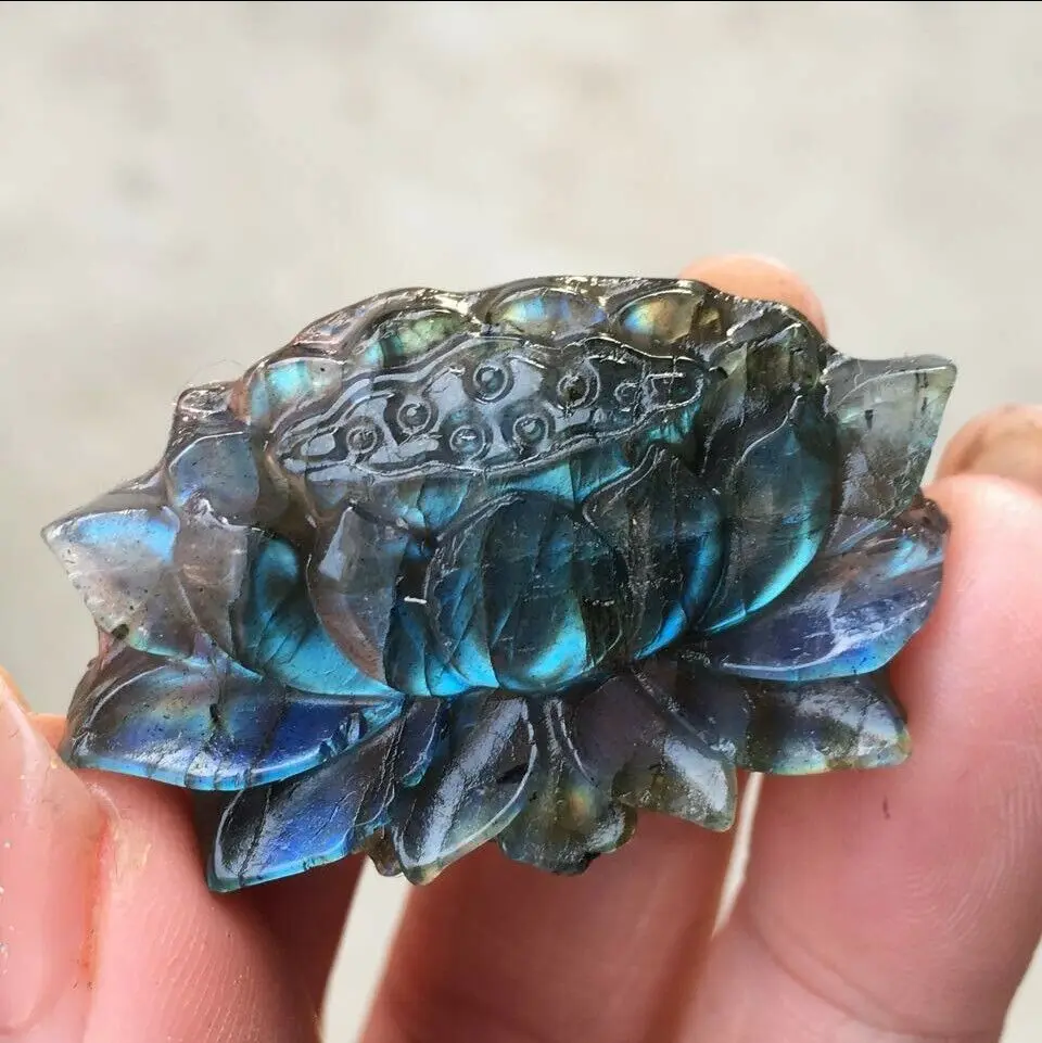 

Natural Hand Carved Labrador Mineral Crystal Lotus Flower Statue Crystal Figurine Pendant Crafts Gifts