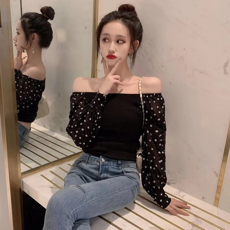 long sleeve dot patchwork T-Shirts Women new spring autumn Korean Self-cultivation slash neck off shoulder temperament tops hot | Женская