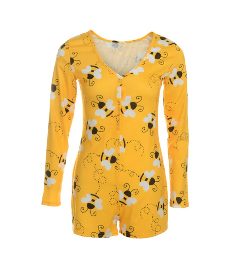 

Sexy Onesies Women Sleepwear Jumpsuit Long Sleeve Deep V Neck Bodycon Stretch Leotard Bodysuit Button Short Romper Pajamas