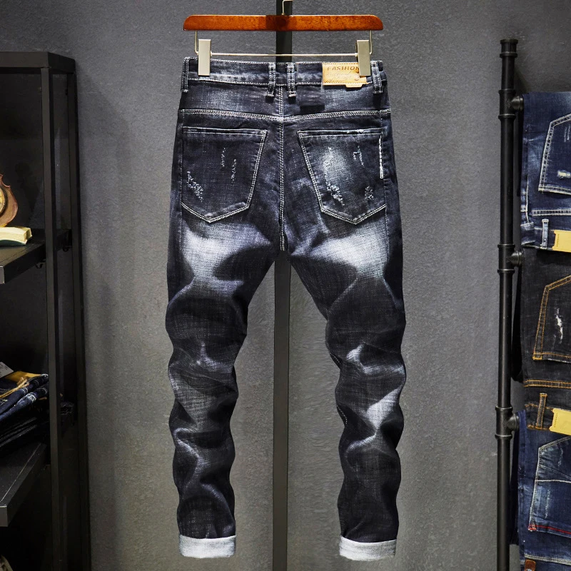 KSTUN Ripped Jeans Men Dark Blue Stretch Slim Fit Distressed Streetwear Denim Pants Casual Retro Biker Man Trousers Hiphop | Мужская