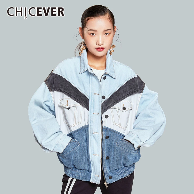 CHICEVER мозаичное яркое цветное джинсовое пальто для женщин с отворотным