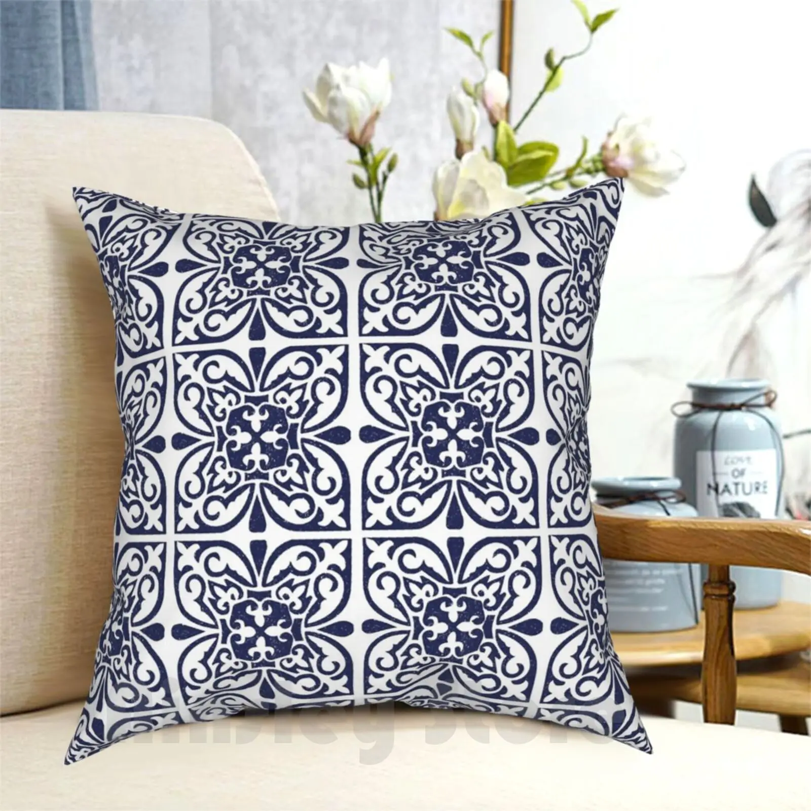 

Indigo Navy Blue White Moroccan Trellis Lattice Pattern Pillow Case Printed Home Soft Throw Pillow Hamptons Style