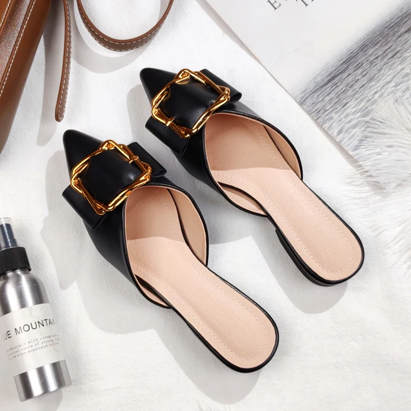 2021 Spring and Summer New Artificial Leather Ladies Pointed Metal Flat Shoes Fashion Trend Designer Slippers Ladies Flat Shoes