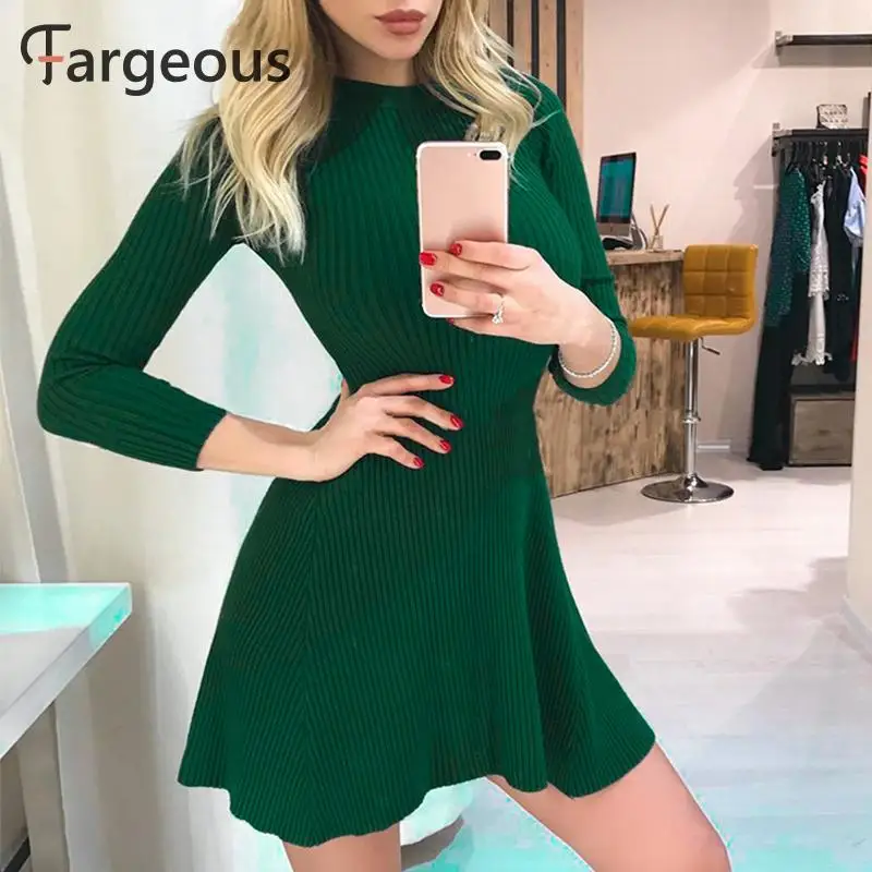 Fargeous Casual Knitted Sweater Dress Women Autumn Winter Ribbed Long Sleeve 2019 Basic White Short Vestidos | Женская одежда