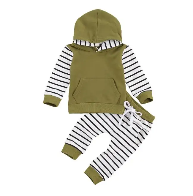 

Осень 2020, комплект одежды для маленьких мальчиков, толстовка с длинным рукавом и V-образным вырезом, с принтом в полоску и передним карманом, ...