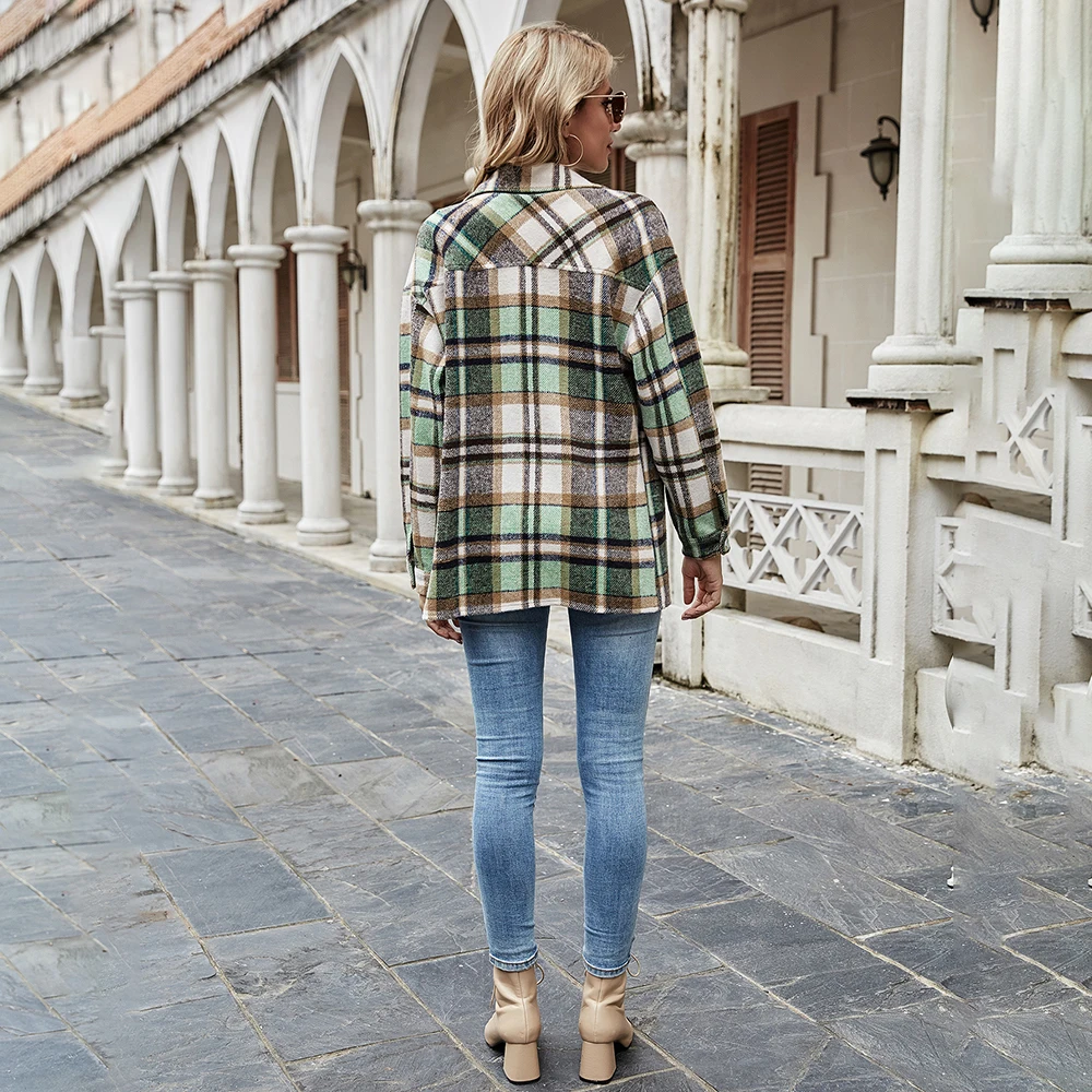 

Shirts Women Green Casual Loose Ladies Plaid Checked Button Up Turn-down Collared Tops And Bloues 2020 Autumn Winter Fashion New