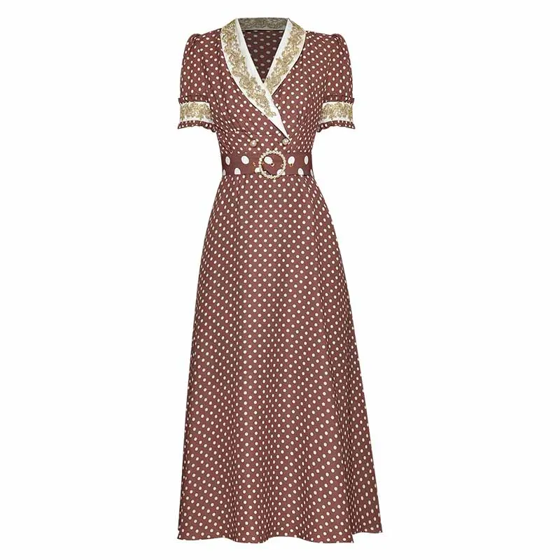 

collar gold thread embroidery stitching short sleeve lace up waist wave point print mid length retro dress summer 2020